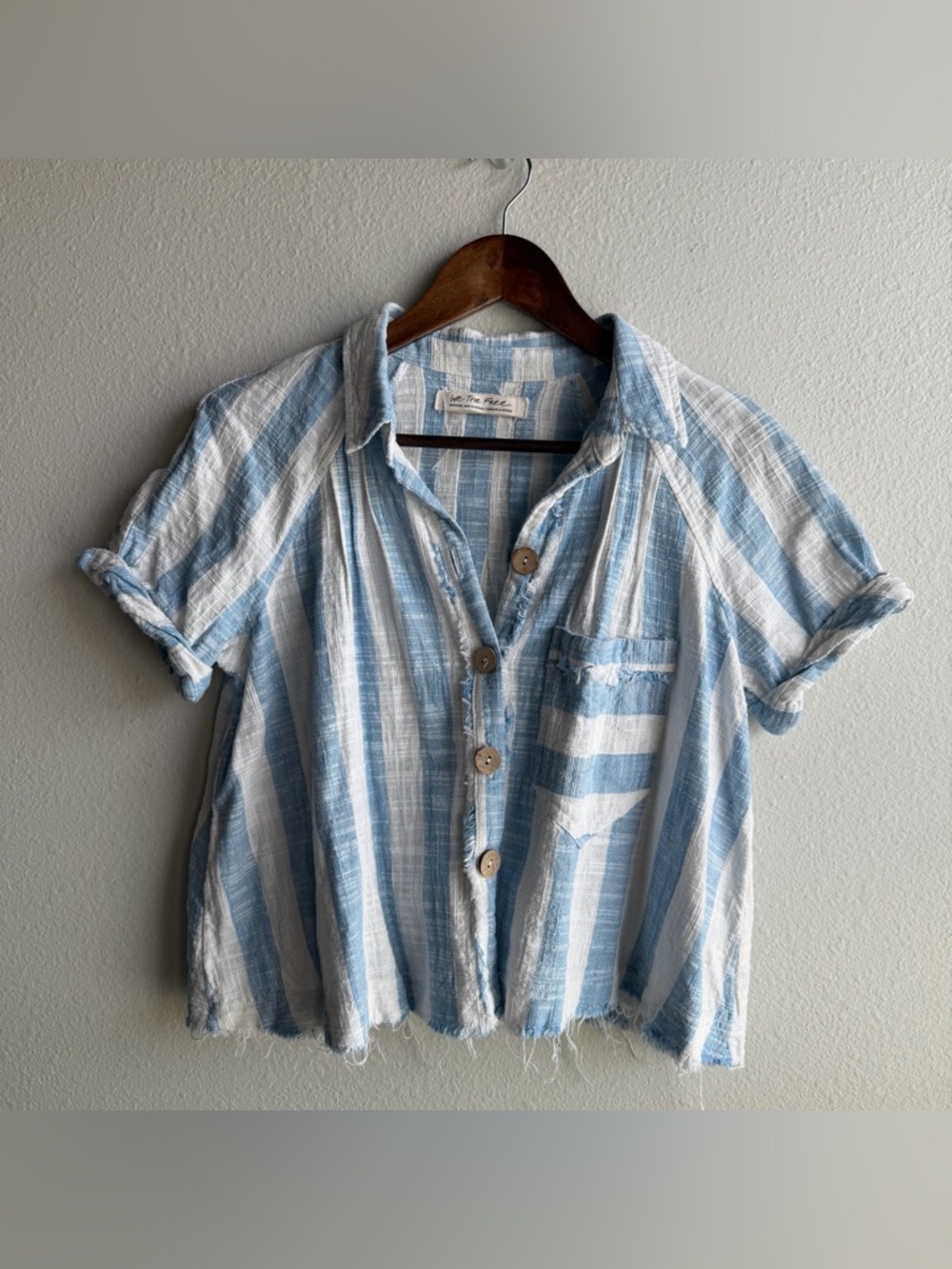 We The Free Away At Sea Crop Boxy Linen Blend Medium Top Nautical Relaxed G